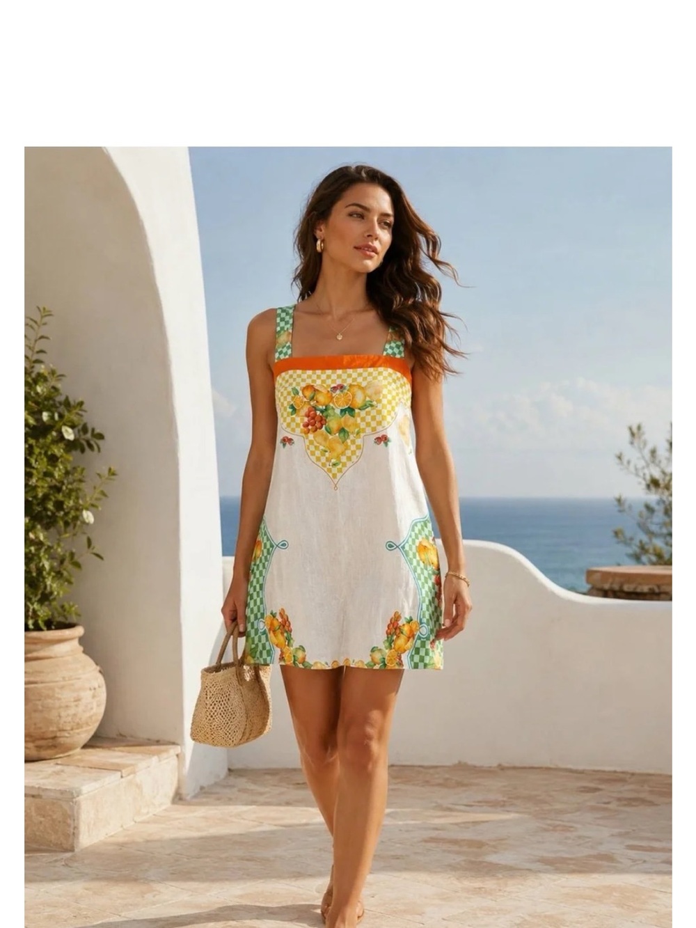 Antonio Melani Eliana Fruit Printed Linen Square Neck Sleeveless Dress Sz XL